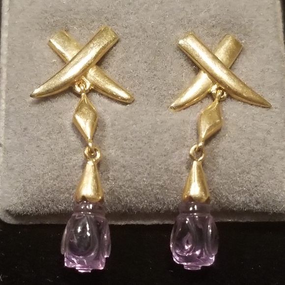 Carved Amethyst 14k Gold Delicate Dangle Earrings